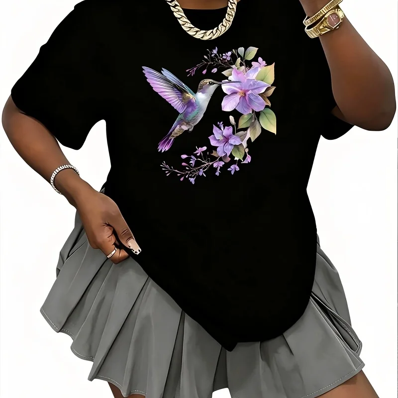 Vibrant Hummingbird & Floral Women's 100% Cotton T-Shirt Fun Print Short Sleeve Top Casual Round Neck Tee S-5Xl