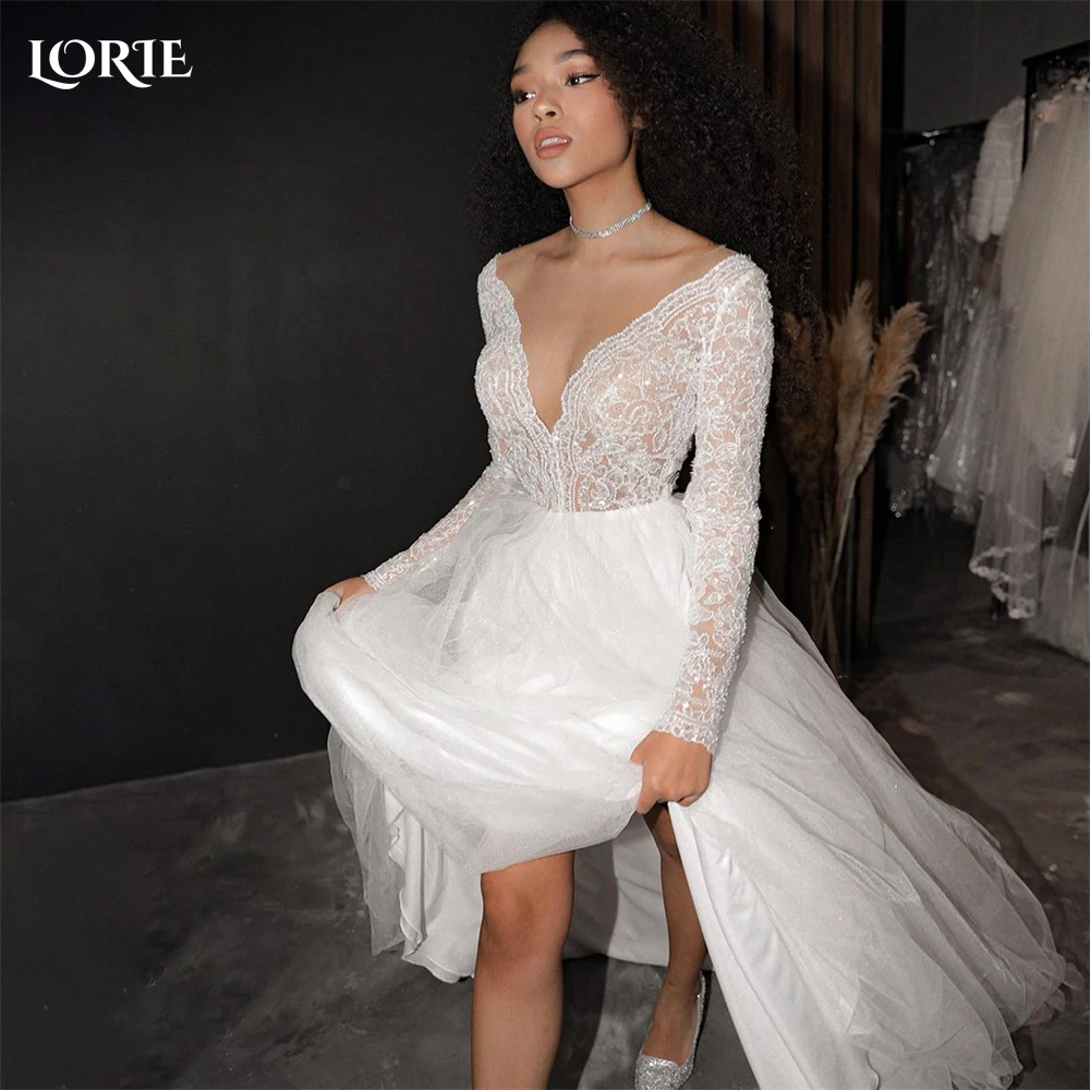 

LORIE Glitter Lace Wedding Dresses Deep V-Neck Boho A-Line Backless Buttons Bridal Gowns Elegant Princess Bride Dress Plus Size