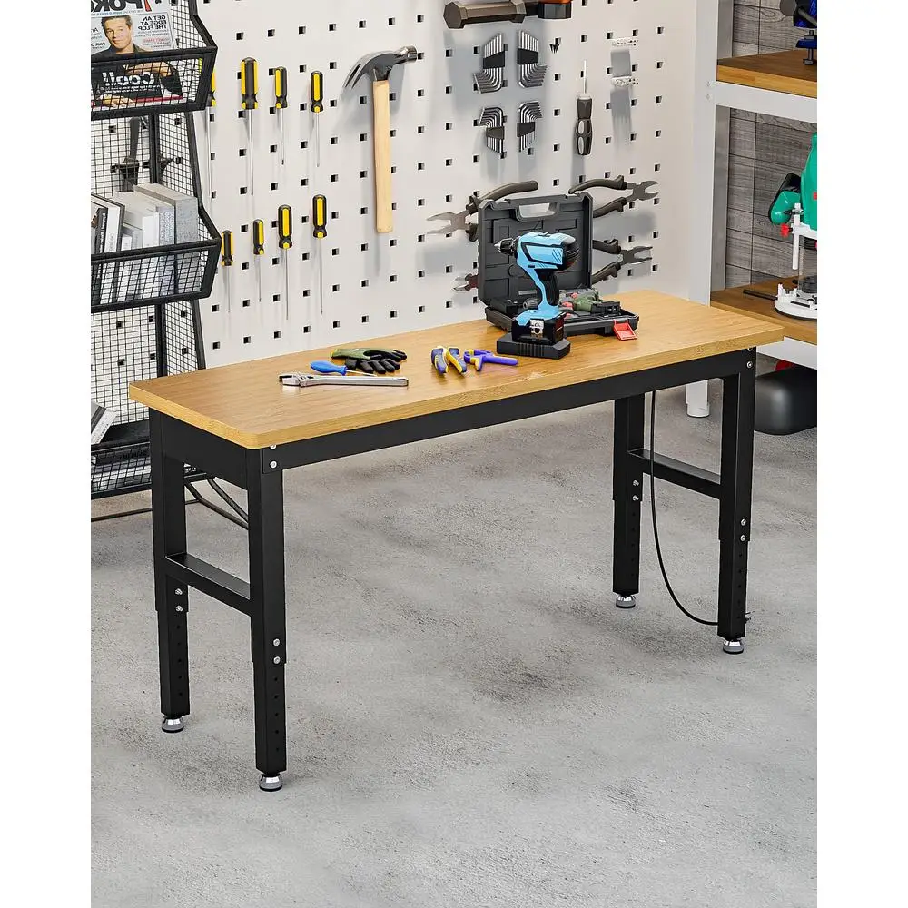 Height Adjustable 60" Garage Workbench Heavy Duty Wood Table 2200 LBS Capacity Shop Station