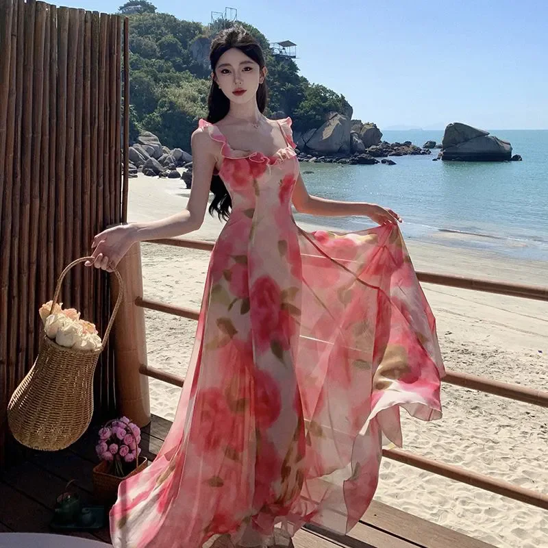 Dazzling atmosphere pink roses square neckline suspender long dress design seaside vacation dress beach skirt