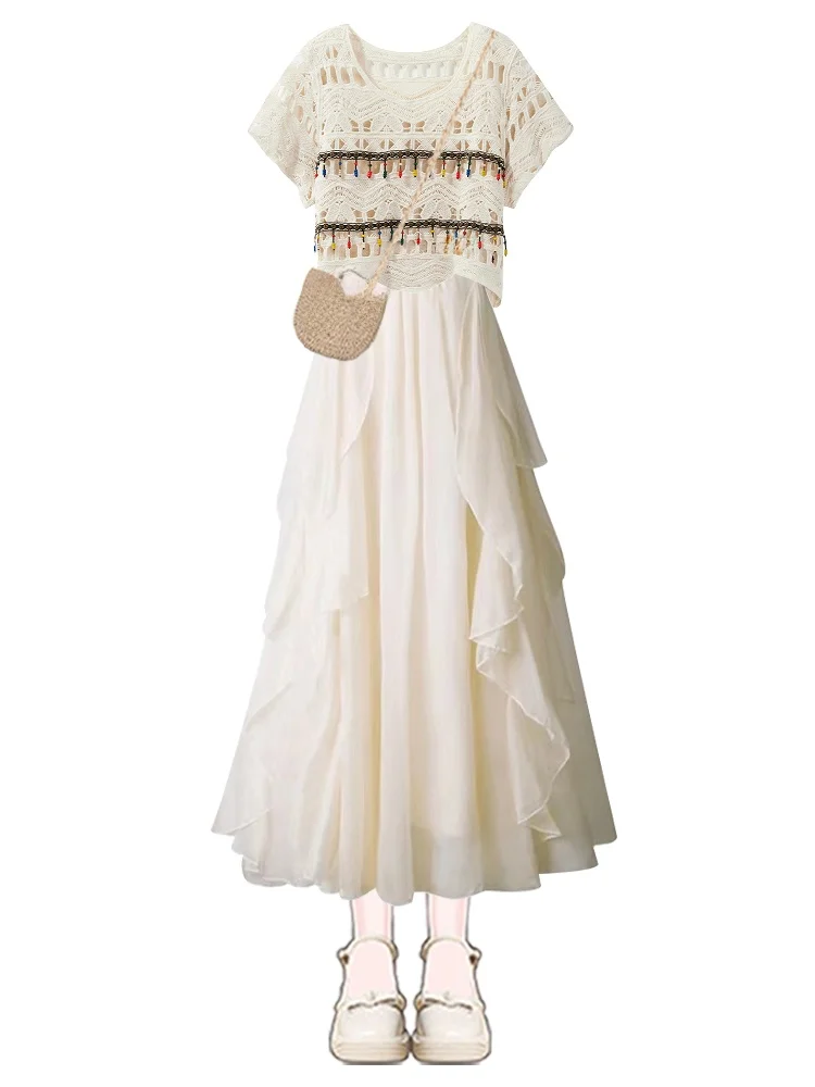 Modny, etniczny komplet dwuczęściowy w stylu Color Blo, letni, elegancki, mały rozmiar, odzież z okrągłym dekoltem, włókno poliestrowe.