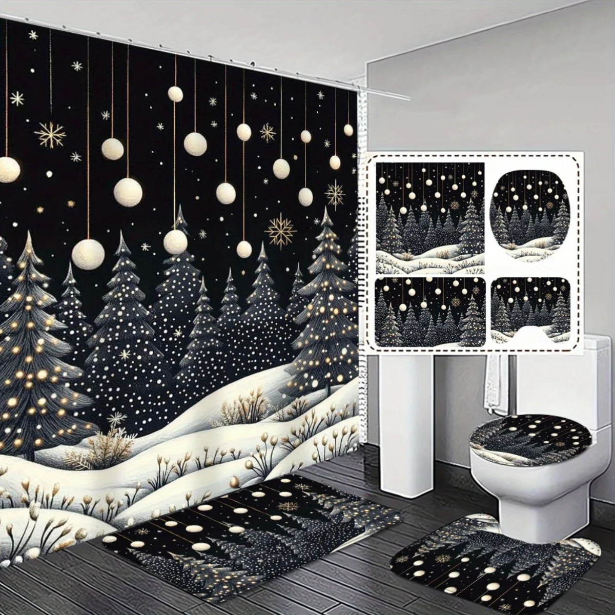 

4pcs Christmas Bathroom Decor Shower Curtain Set with Non-Slip - Black & White Winter Scene Design, Durable Easy-Clean, Mach