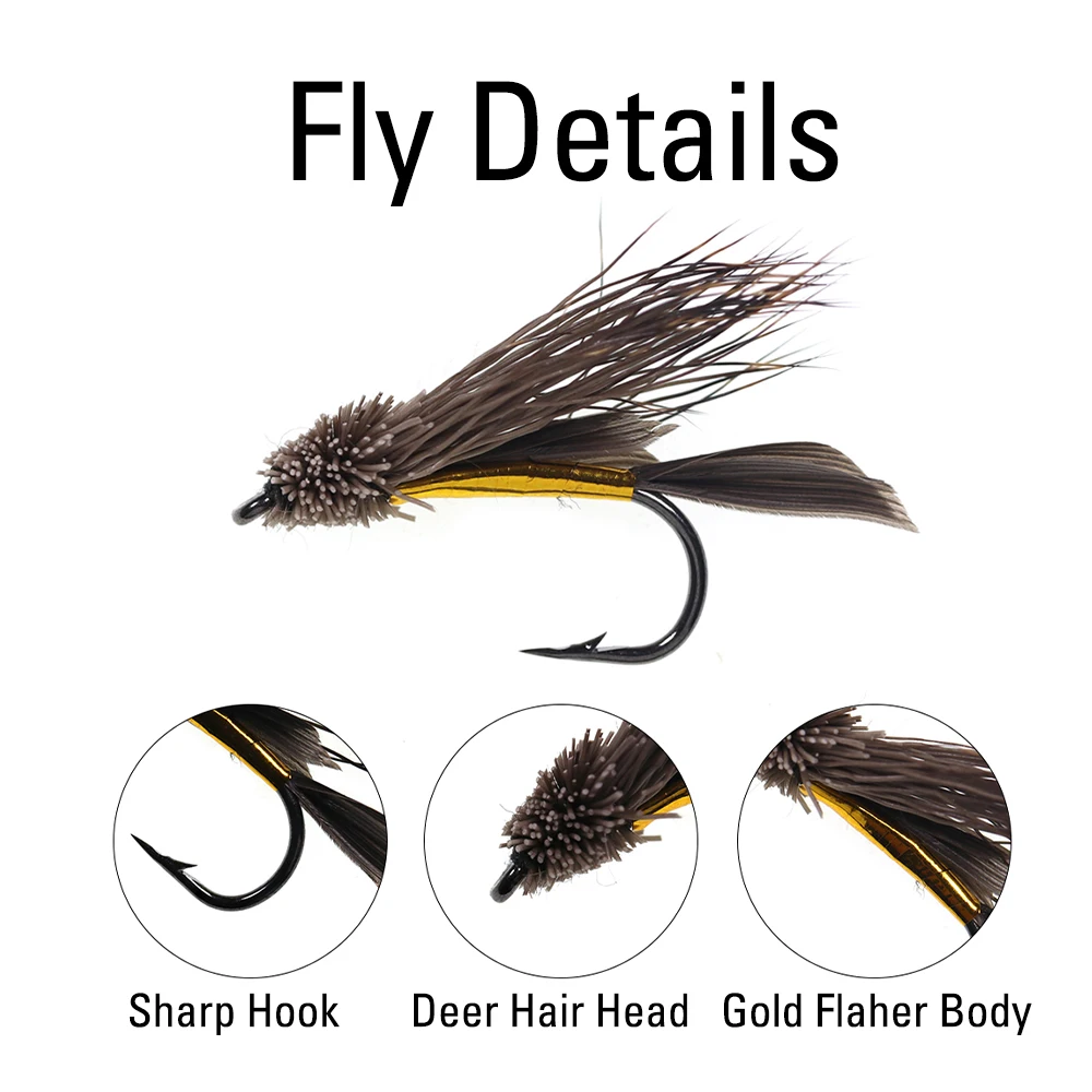 ICERIO 6PCS Brown Deer Hair Gold Body Muddler Minnow Bass Trout Fly Fishing Streamer Flies #6