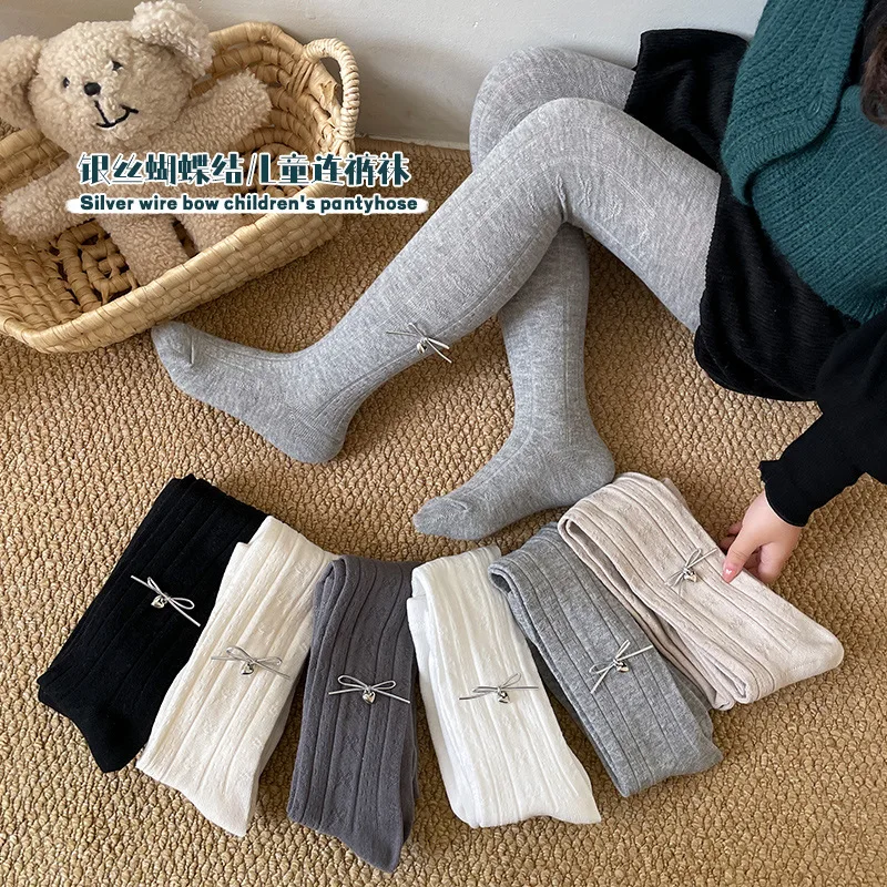 Girls Tights Spring Autumn Cartoon Bowknot Tights Solid Color Cotton Pantyhose Kids Stretch Leggings  Children Tight Pants