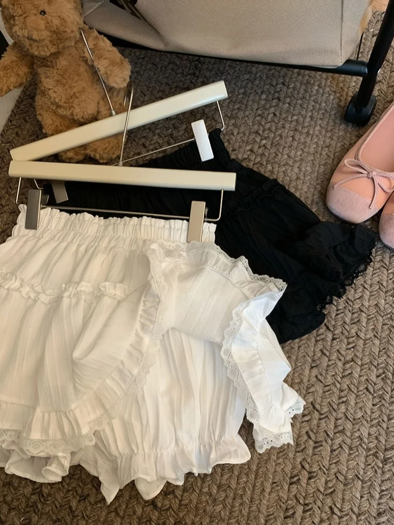 

Нежная кружевная юбка-шорты с высокой талией и пышными штанинами, белая, для пышных девушек, весна-лето, дышащая, вязаная