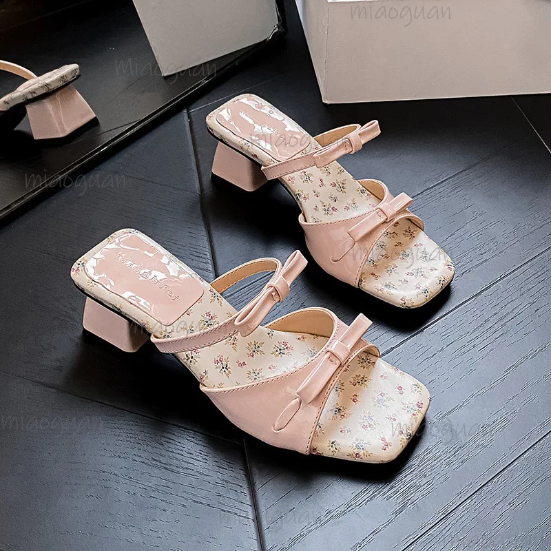 Sweet Style Pink Bow High-heeled Slippers Fashion Bow Exposed Toes Sandals Women High Heels Party Elegant Dress Vacation Shoes