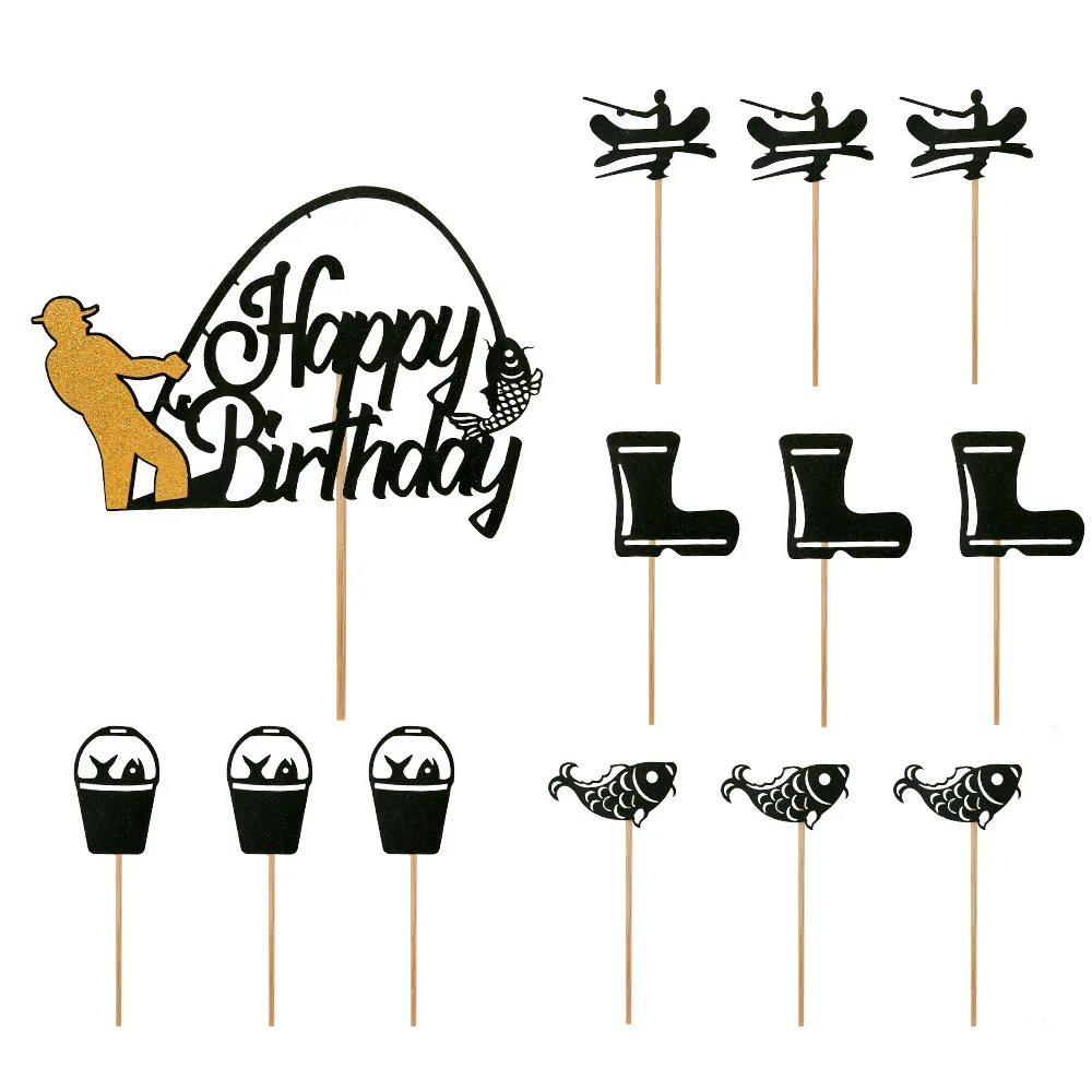 الصيد عيد ميلاد سعيد كعكة توبر الرياضة لهم حفلة استحمام الطفل الذهب الأسود الصياد الأسماك قطاعات الكيك ديكور لوازم الخبز