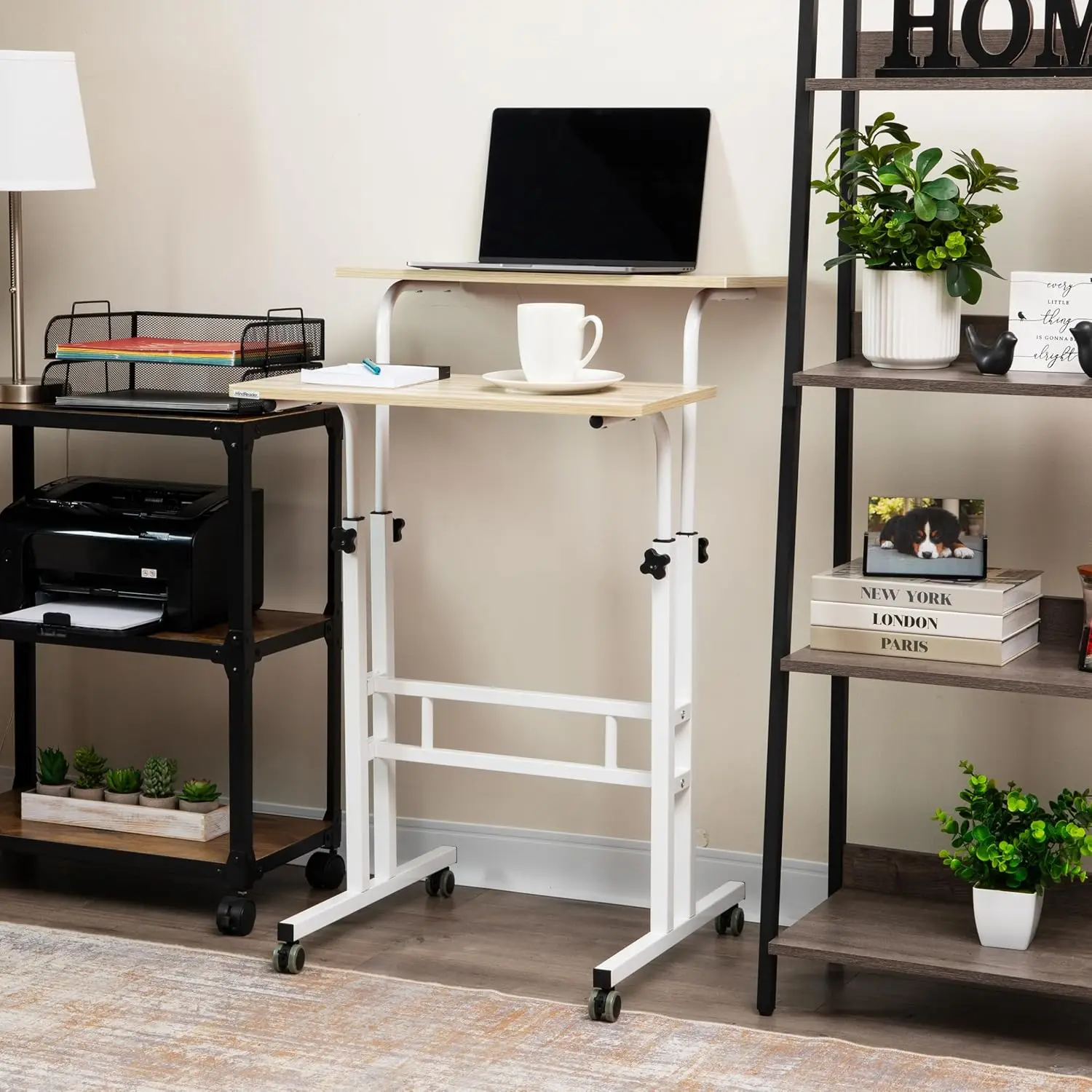 Adjustable Height Standing Desk with Wheels, Portable Laptop Workstation, Two-Tier Metal Frame in White