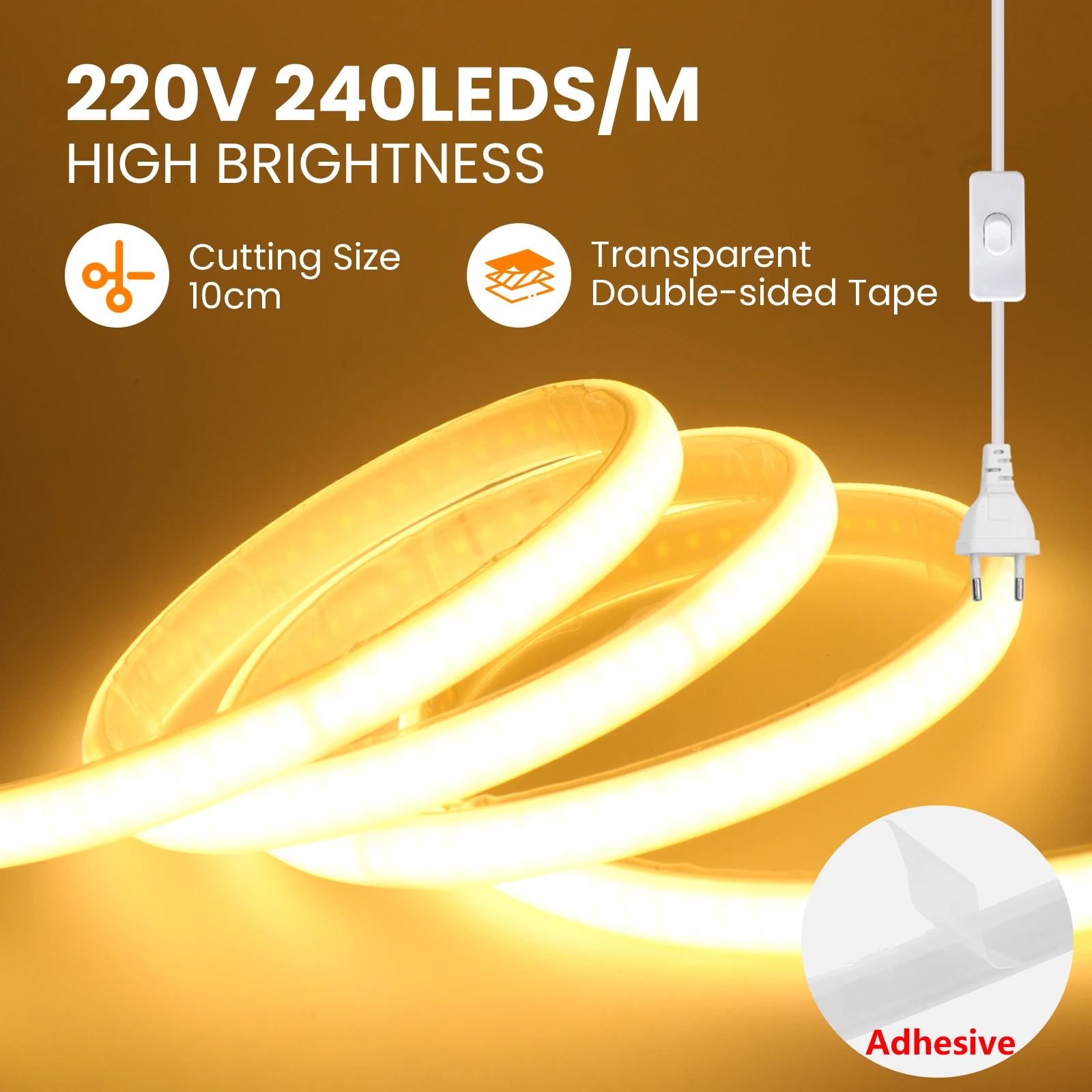 220V COB LED Strip with ON/OFF Switch Waterproof COB Light Strip Flexible Ribbon for Room Bedroom Kitchen Outdoor Garden Decor