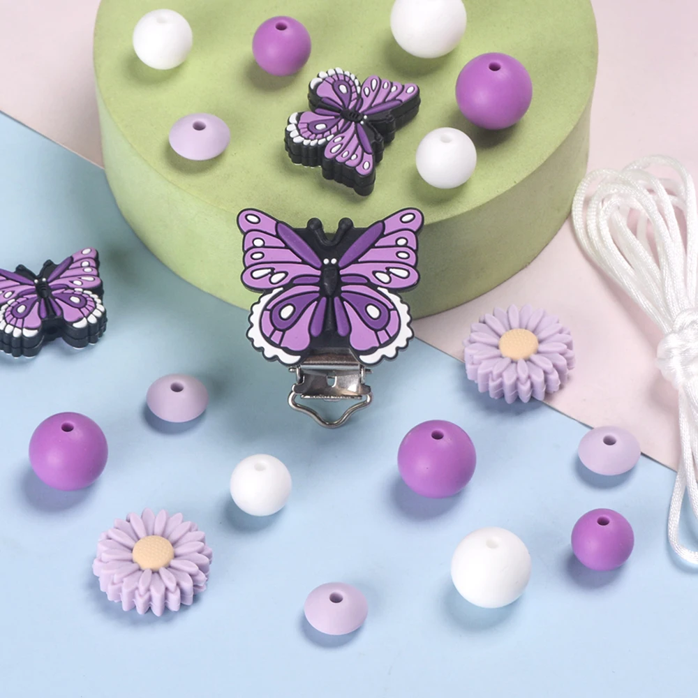 LOFCA 29pcs Silicone Butterfly Flower Beads Clip Set For DIY Bracelet Necklace For Baby Teething Charms Jewelry accessories