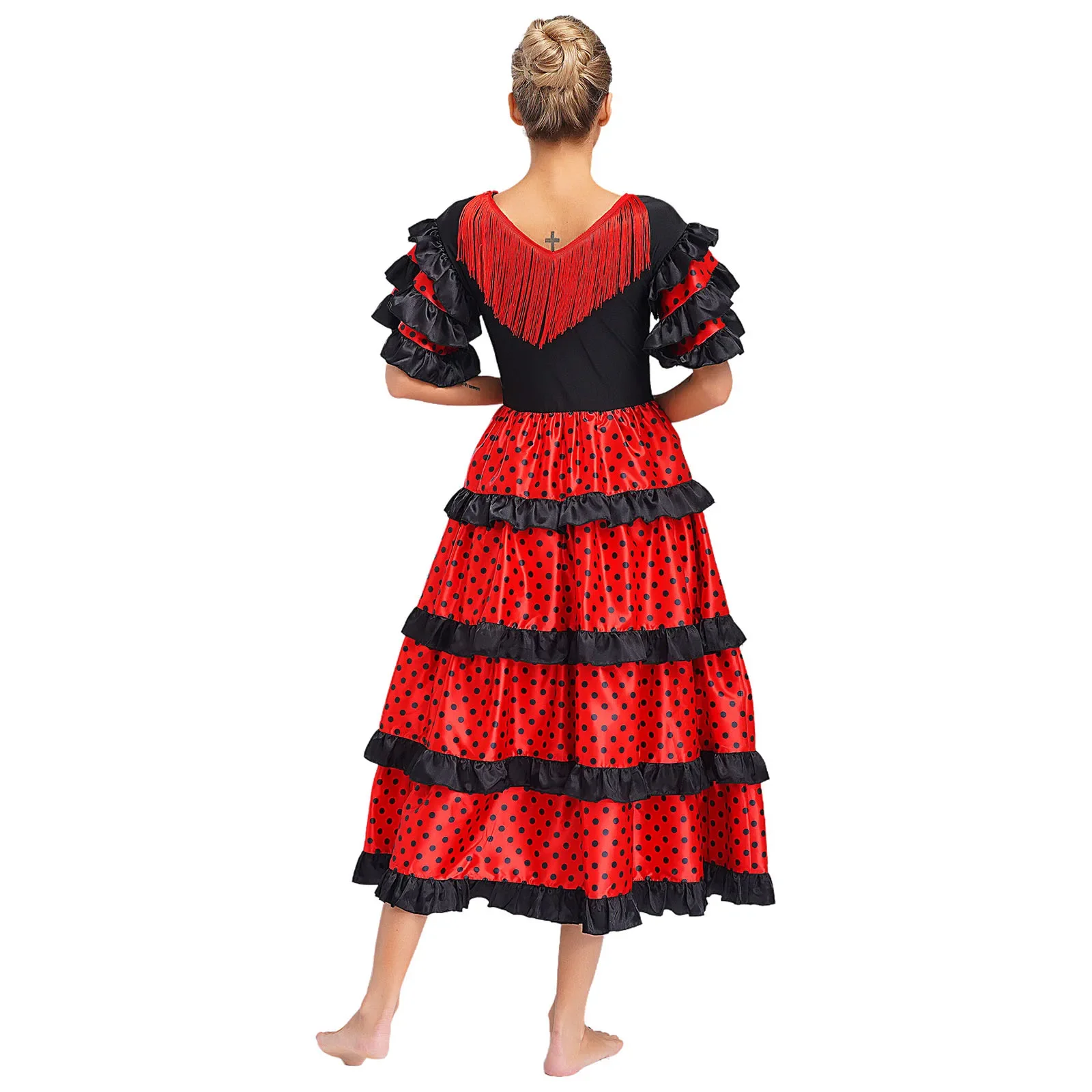 Traje de baile folclórico para mujer, vestido con borlas y cuello en V con volantes y capas, vestido con vuelo de Flamenco, uniforme de competición folclórica mexicana