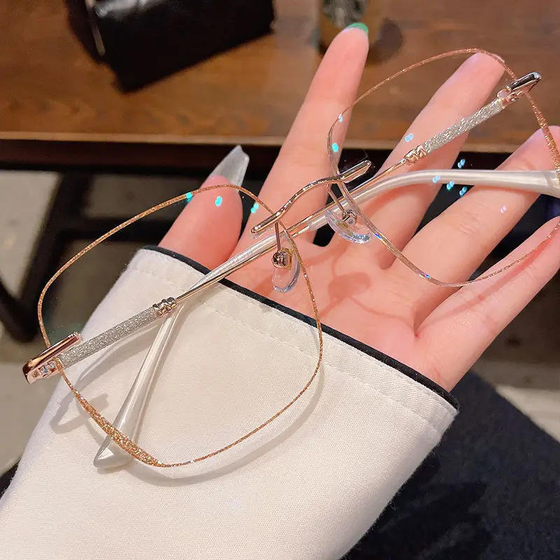 Women\'s Large Frame Myopia Glasses Prescription Eye Glasses Anti Blue Light Myopia Rimless Glasses