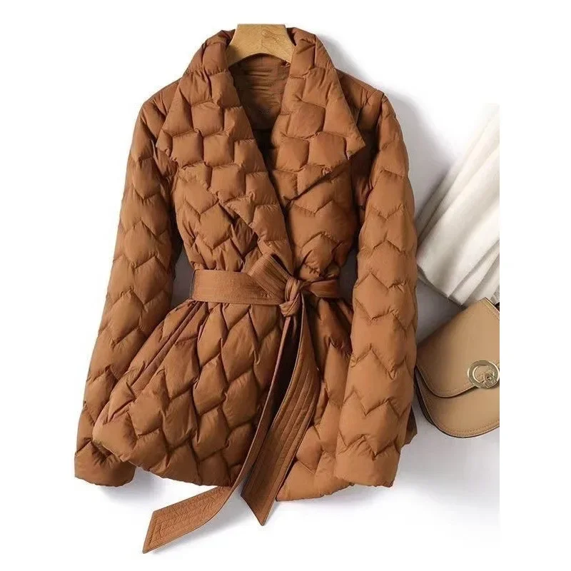 Women's Quilted Light and Thin Cotton Coat Single Breasted Slimming Lace Up Lapel Mid Style Length Elegant Cotton Jacket Women