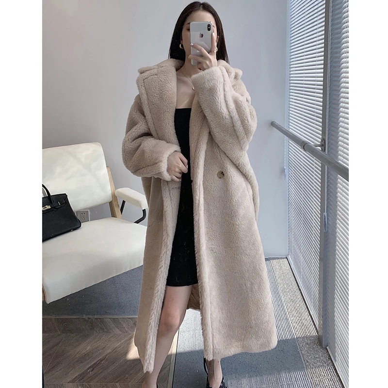 Sheepskin Coat for Women Winter Warm Soft Cashmere Manteau Femme Loose Oversize Double-breasted Pocket Long Beige Lamb Fur Coats