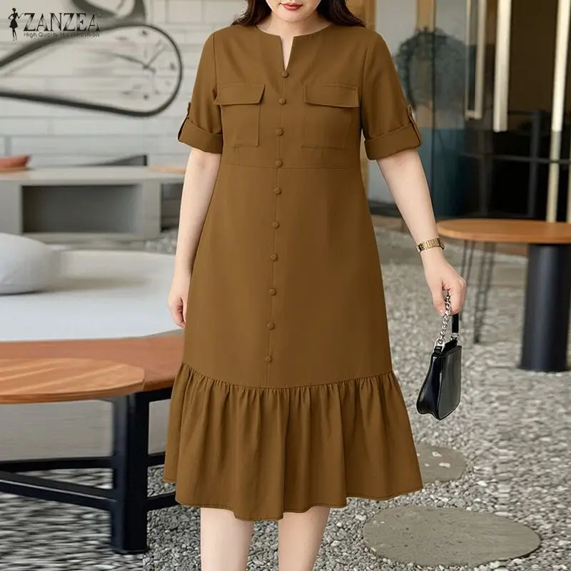 ZANZEA Damen Sommerkleid 2026 – Elegantes, einfarbiges OL-Arbeitskleid, stilvolles V-Ausschnitt-Kurzarmkleid mit Rüschen, Midi-Festtagskleid