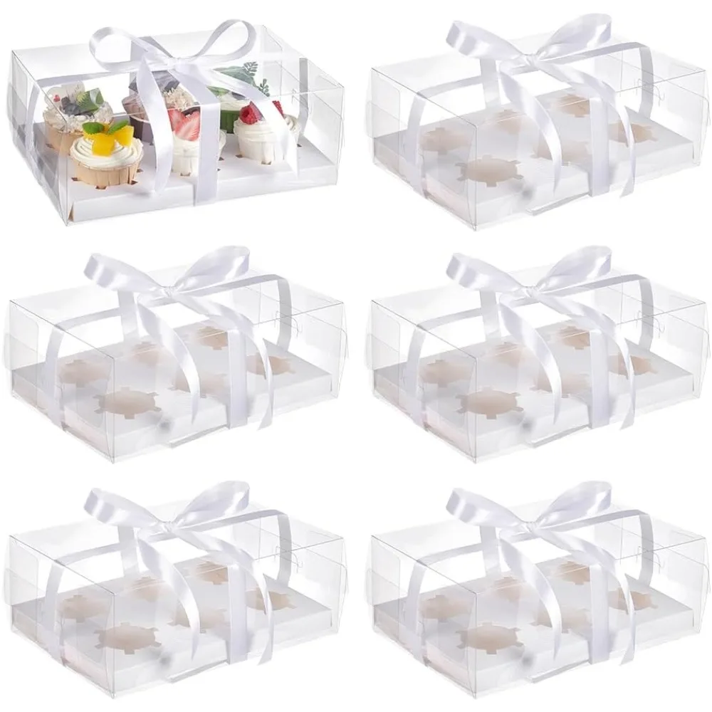 

6 шт. прозрачные коробки для кексов, 6 шт., складные бумажные коробки для хранения кексов с прозрачными крышками, портативная упаковочная коробка для кондитерских изделий с лентами