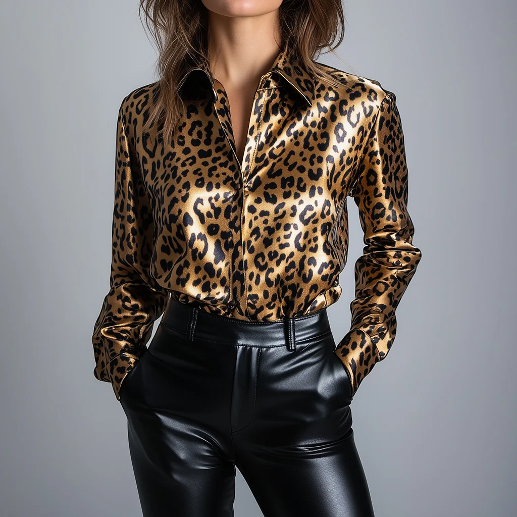 

Офисная женская атласная блузка, рубашка с отложным воротником и длинным рукавом, элегантная винтажная осенняя блузка с леопардовым принтом, топы