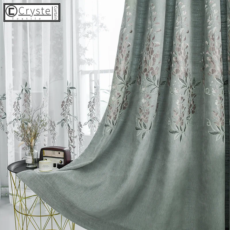 

Light Luxury Elegant Modern Minimalist Wisteria Flower Embroidery Cotton Linen Curtains for Living Room Bedroom High Shading