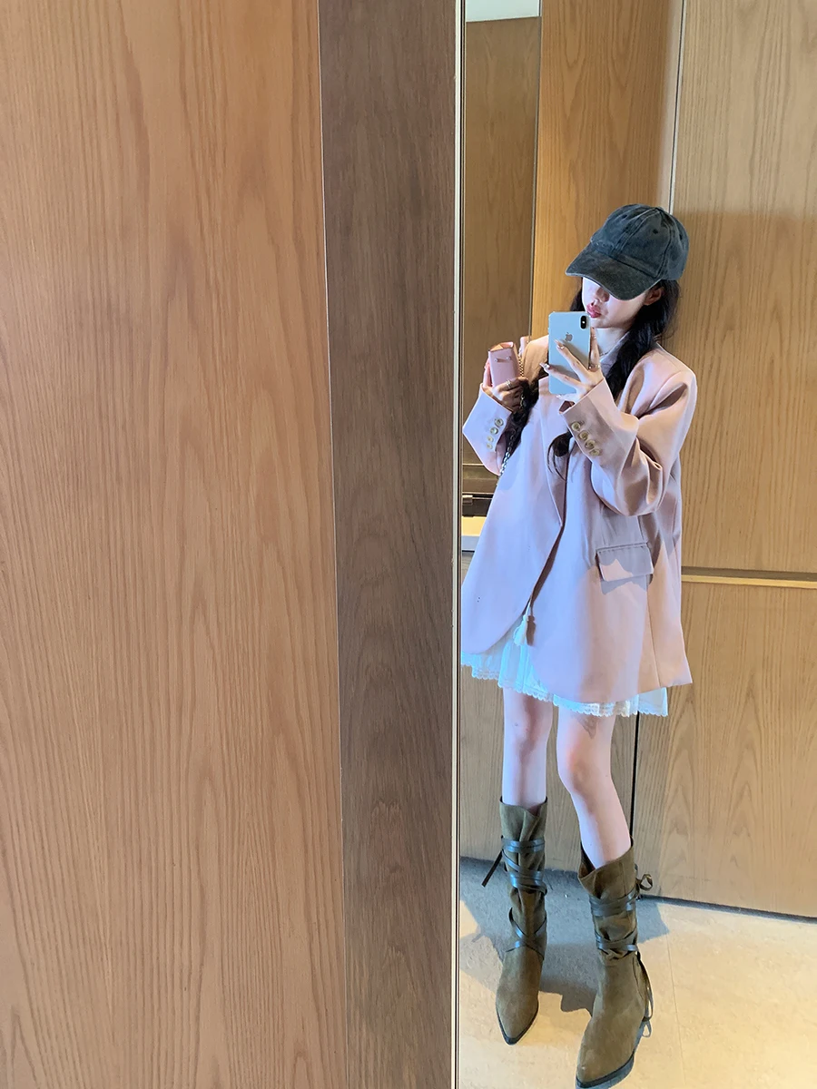 

Розовый женский повседневный свободный жакет с пуговицами, универсальный топ с длинными рукавами, средней длины, однотонный, весна-осень, новинка