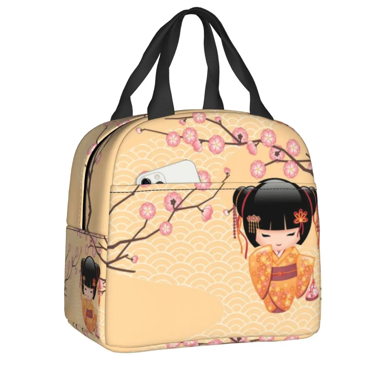 

Custom Cute Kokeshi Doll Lunch Box Women Japanese Sakura Cherry Cooler Thermal Food Insulated Lunch Bag Kids School Children