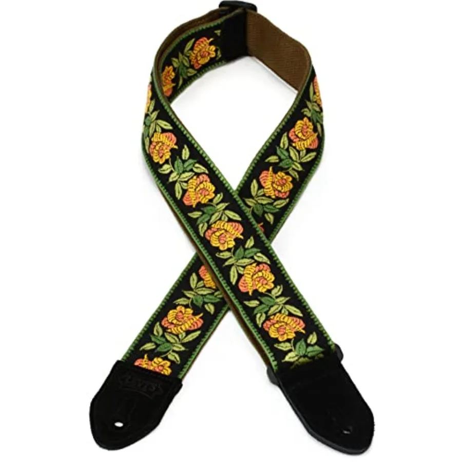 

Ремень для гитары из ткани, 2 шт., дизайн «Роза» — желтый, с вставками в цветах золото, зеленый и черный, для выступлений и практики, прочный, размер L
