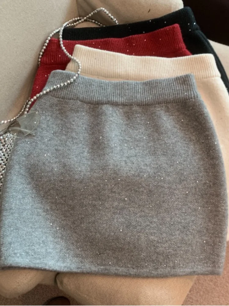 

iny Crystal ey Knitted High Waist A-Line Skirt Women's Spring Autumn Elastic Slim Fit ort Skirts Korean Sle