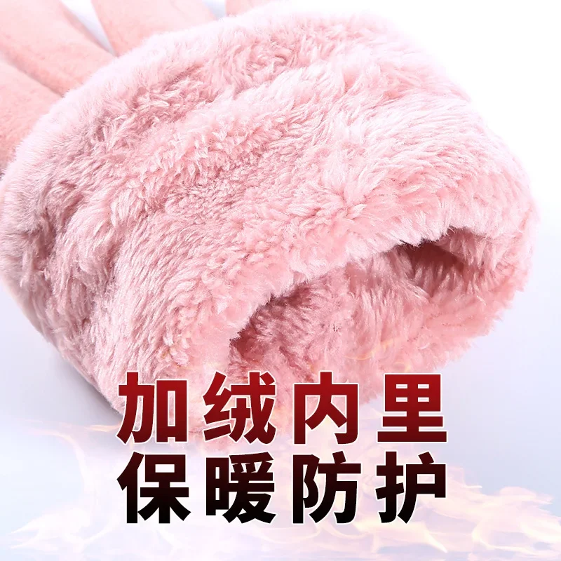 High quality winter gloves for women suede fur lining hand warmer new 2024 elegant cute gloves  - pink beige grey