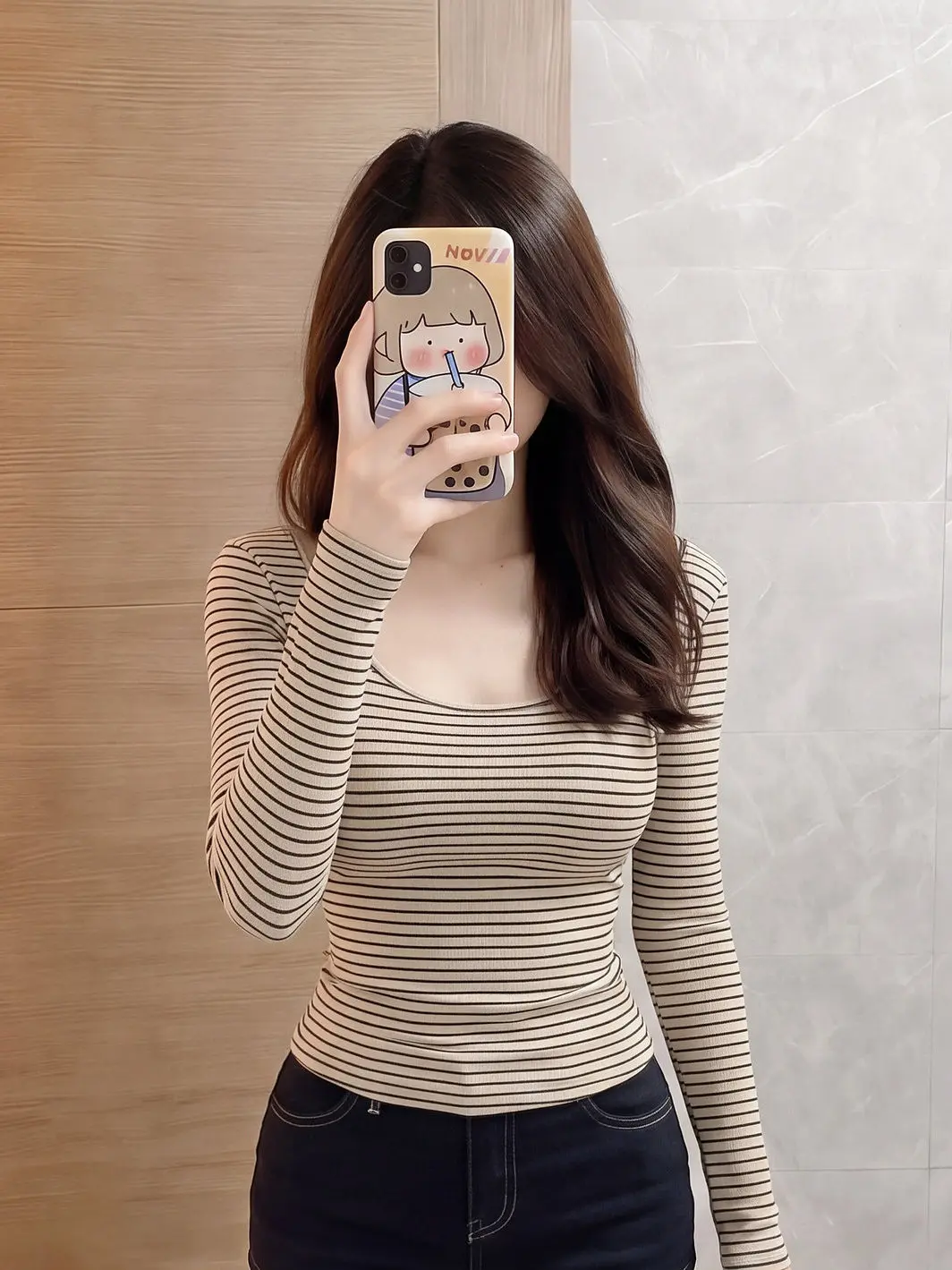 Slim Fit Long Sleeve T-Shirt Women's Autumn Casual Style One Shoulder Striped Base Shirt Sexy Exposing Clavicle Korean Version