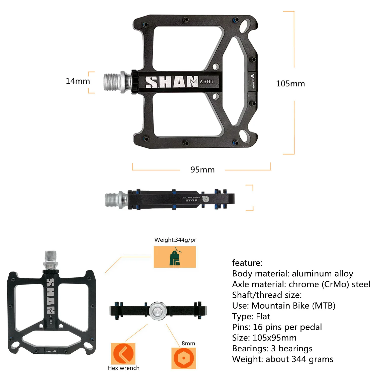 SHANMASHI BETA Bike 3 Sealed bearing pedal mountain bike aluminum alloy flat pedal big foot pedal