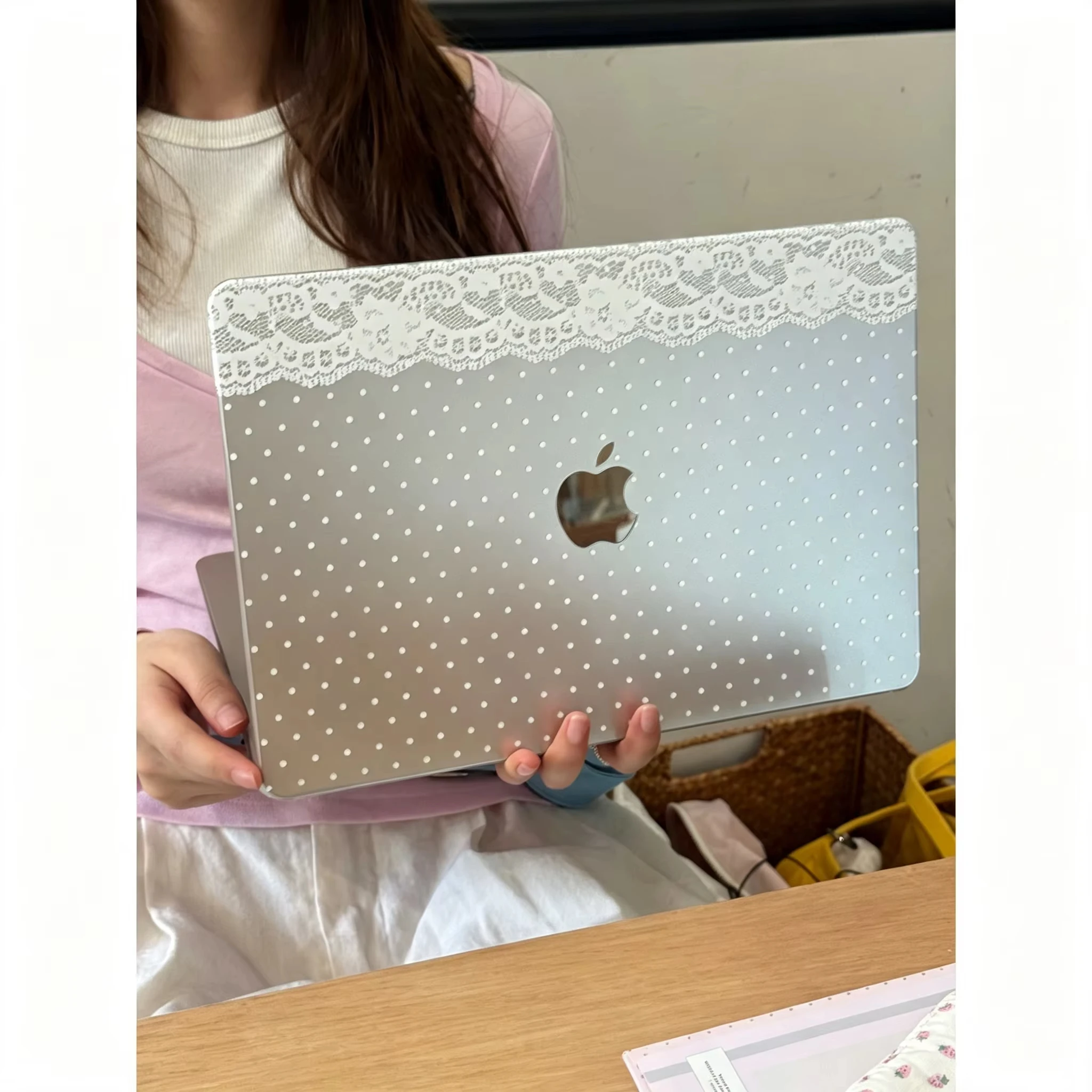 Ins White Lace Polka Dots Crystal Laptop Case For Macbook Air 13.6 M4 NEO 15 M3 Hard Cover For Mac Book Pro 13 M1M2 14 M4 M5 16