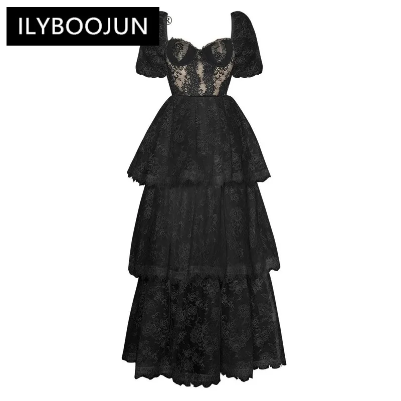 

ILYBOOJUN Summer Fashion Designer High Quality Women Dress Vintage Solid Color Flowers Embroidery Lace Cascading Ruffle Dresses