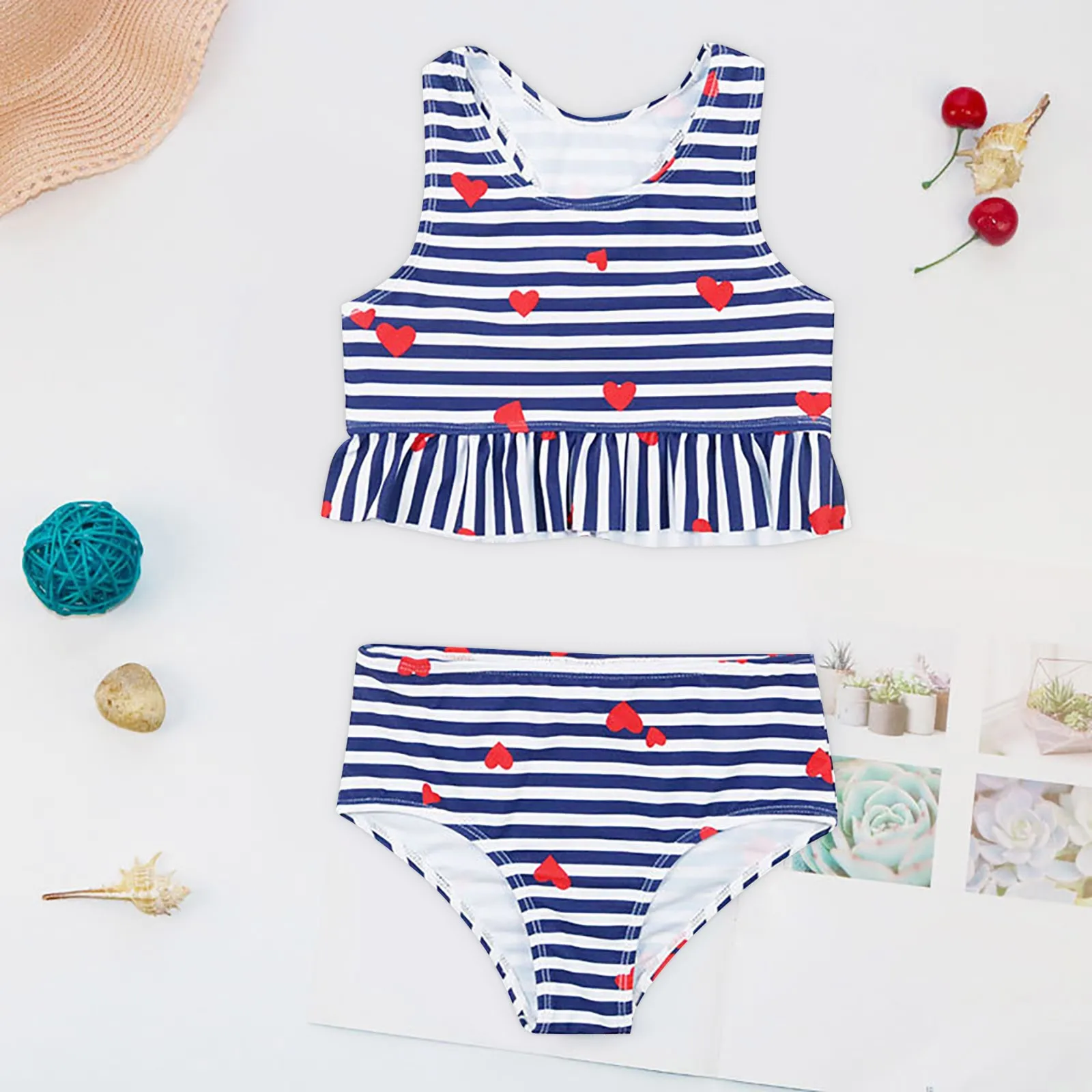 

Swimsuit Girls 8 10 Girl's Striped Love Print Suit Summer Vest Top Pleated Shorts Suit 2 Piece Set Girls Size Swimsuit