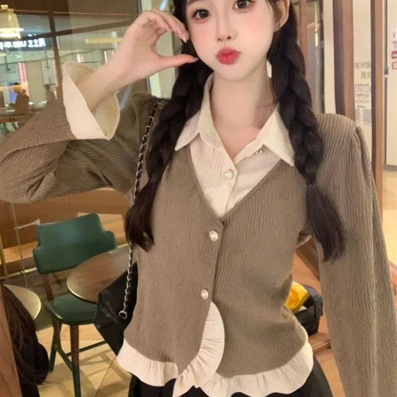 Fake Two Piece Corduroy Patchwork Shirt for Women the Belly to Show Off Weight Contrasting Color POLO Collar Long Sleeved Top