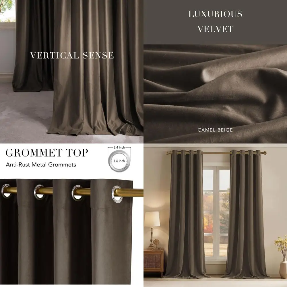 Beigefarbene Samtvorhänge für Wohnzimmer, 96 lang, 2-teiliges Set, Tülle oben, weich, raumverdunkelnd, 52 B x 96 L