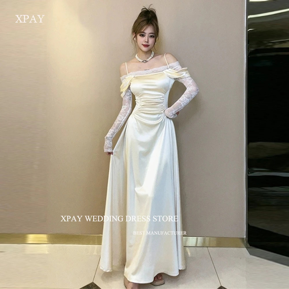 

XPAY Sexy Off Shoulder Korea Evening Dresses Wedding Party Off Shoulder Lace Long Sleeves Prom Gowns Formal Occasion Dress