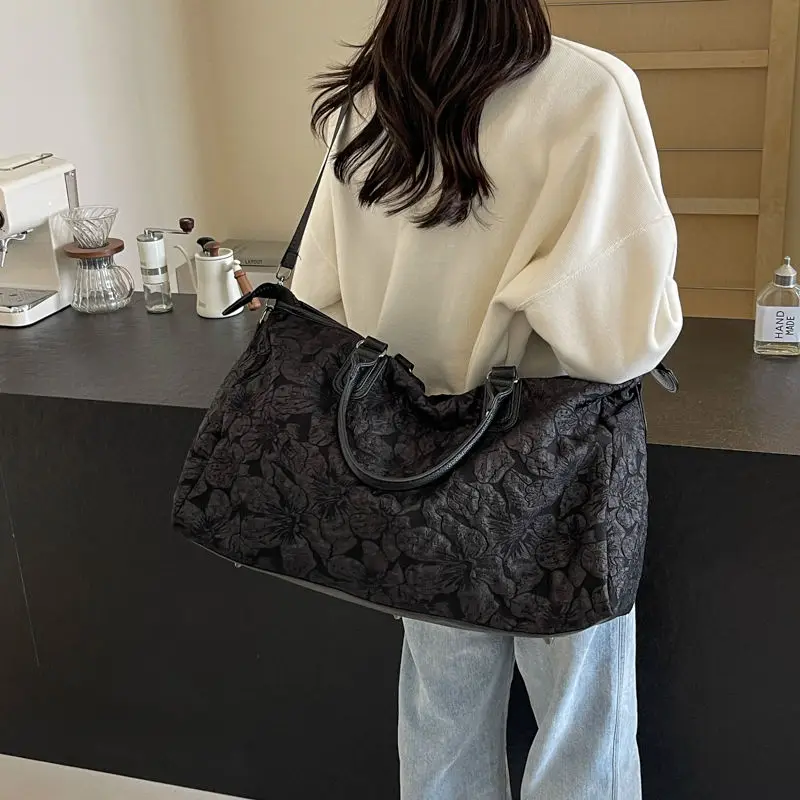 Vintage Jacquard Pink Black Short Distance Travel Handbag for Women Large Capacity Storage Lightweight Crossbody Bag