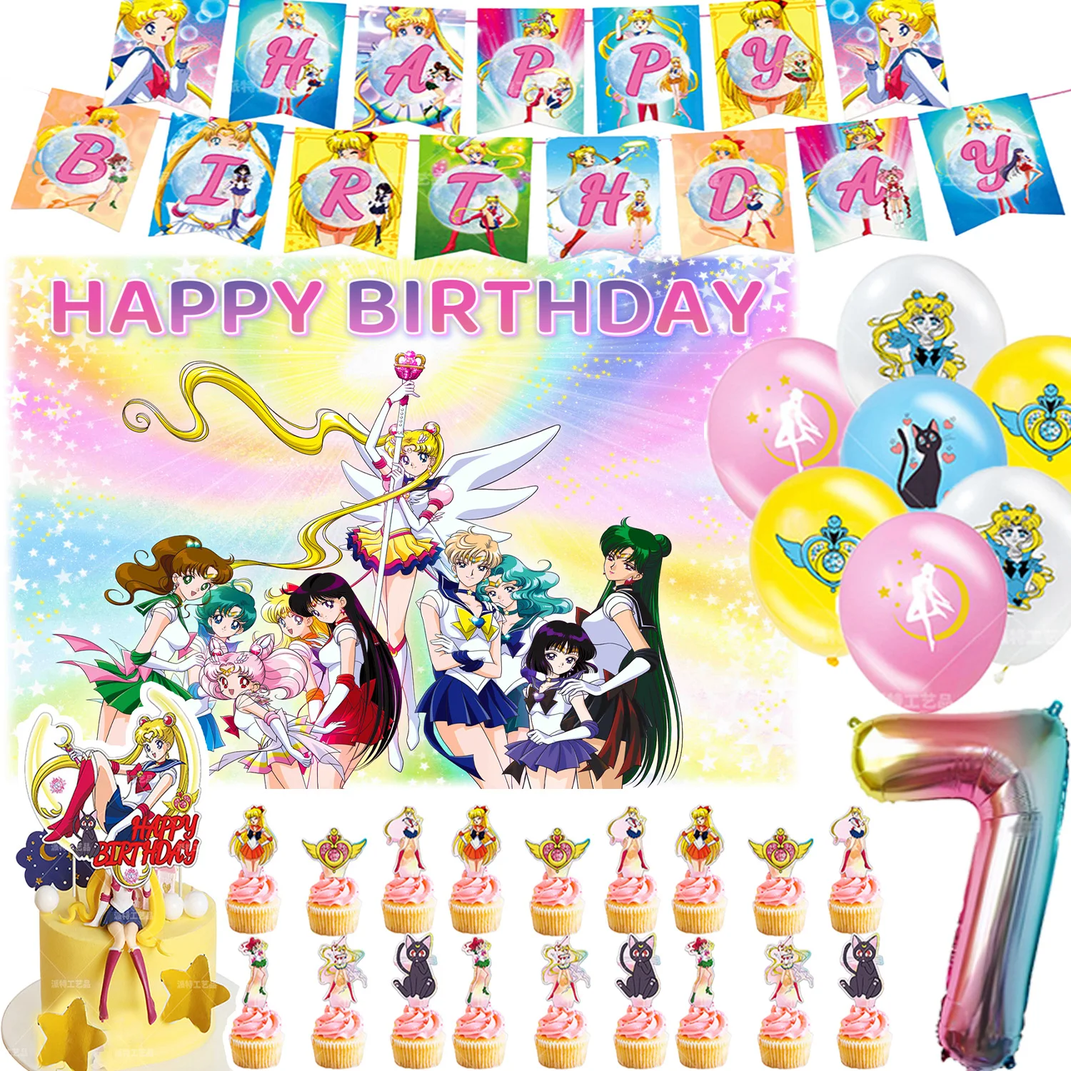 

Anime&Moon&Girls Theme Kid Birthday Party Supplies Cartoon Yellow Balloon Banner Backdrop Cake Topper Baby Shower Child Props