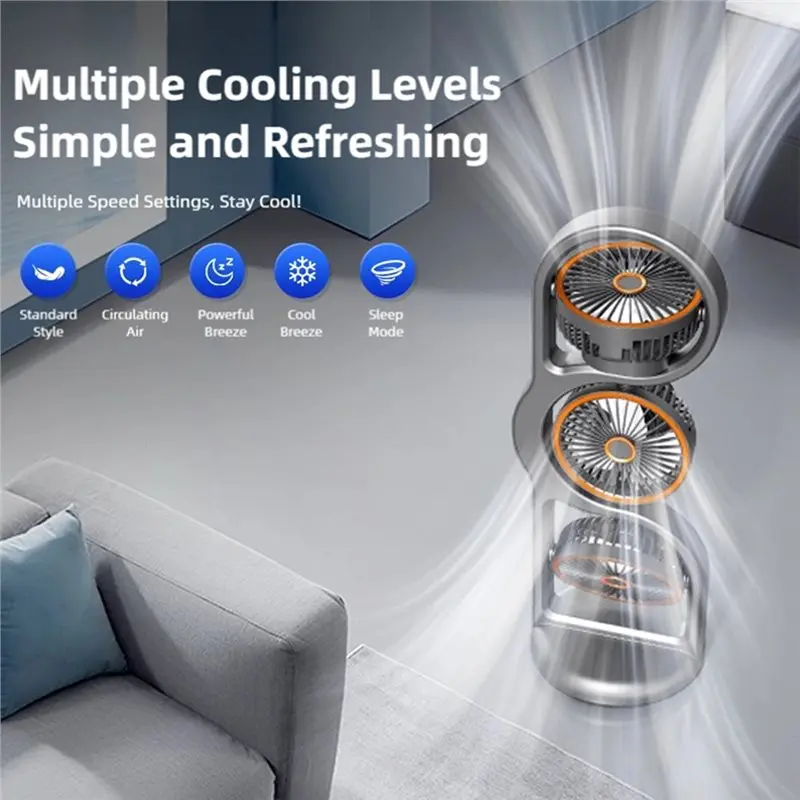 BABZ Portable Three-Head Fan USB Rechargeable 5-Speed 360° Desktop Fan for Dormitory Outdoor