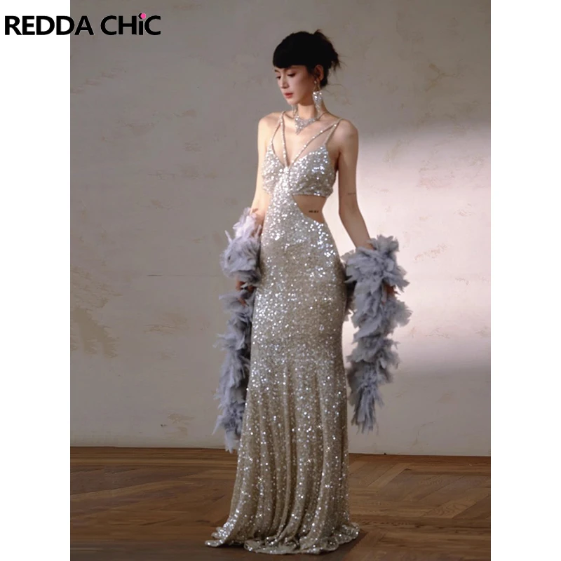 REDDACHiC Sexy Cut Out Glitter Dress Women Backless Corset Camisole Bodycon Mermaid Evening Gown Birthday Cocktail Party Clothes