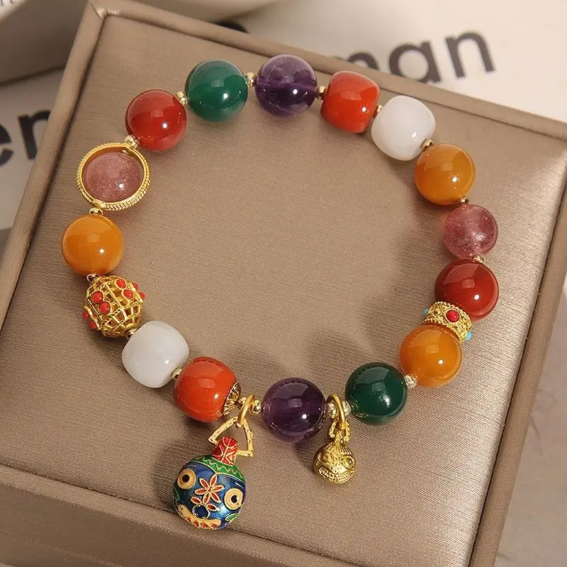 

Natural Duobao Bracelet Gold Swallowing Beast Pendant Female South Red Agate Beaded Strawberry Crystal Lucky Wealth HandString