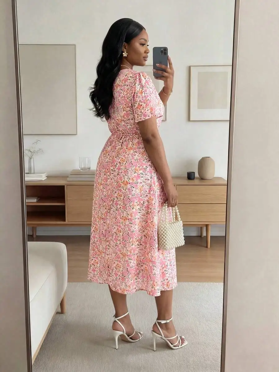 

Ditsy Floral Pleated Short Sleeve Casual Vacation Midi Dress For Women