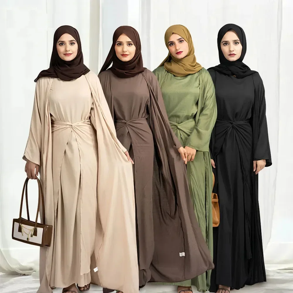 

3 Piece Abaya Set Ramadan Eid Islamic Clothing Muslim Woman Satin Matching Hijab Kimono+Inner Dress+Wrap Tie Skirt Dubai Outfits