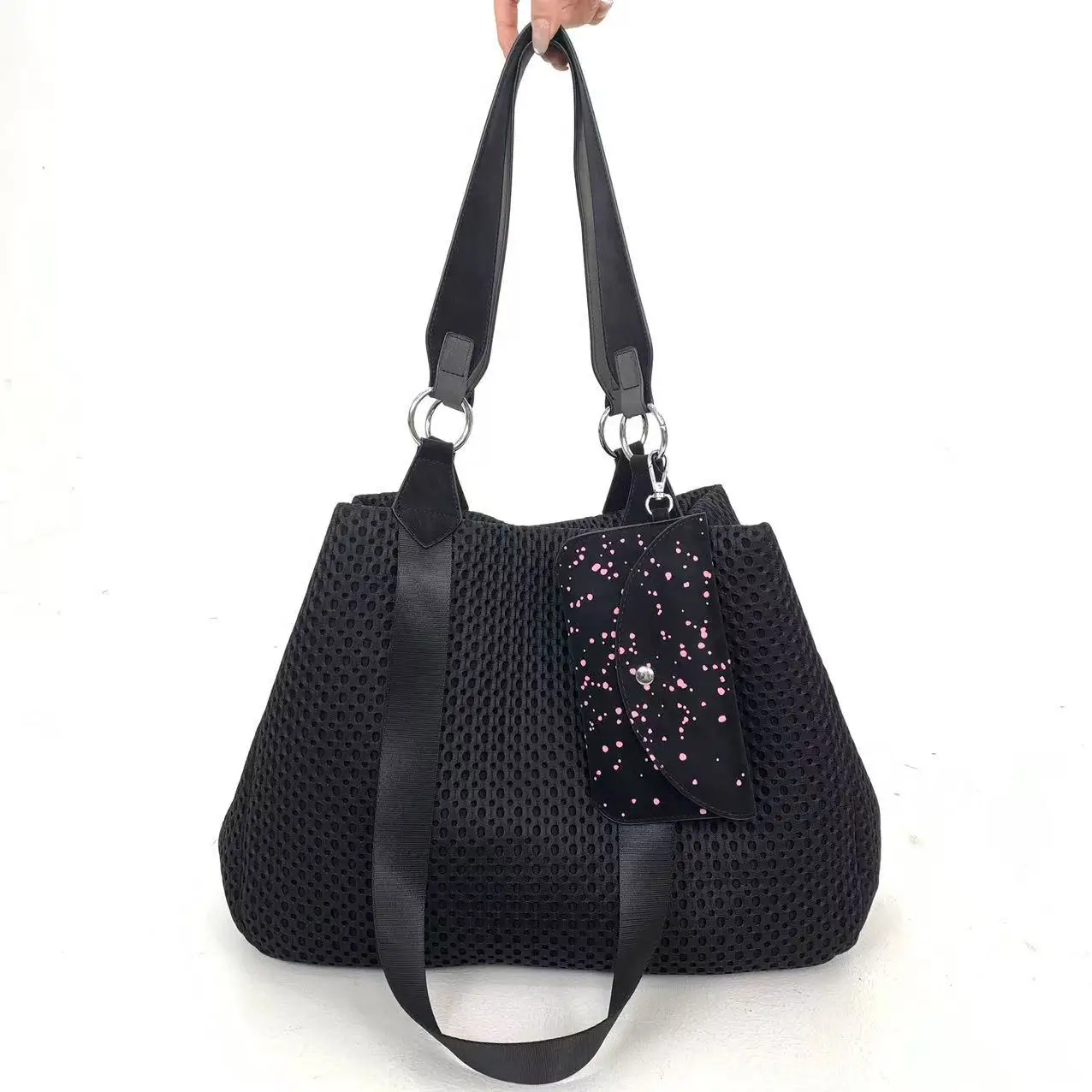 Women Black Mesh Tote Bag Set, Large Capacity Breathable Hollow Out Shoulder Bag with Detachable Pink Dotted Mini Purse view 6