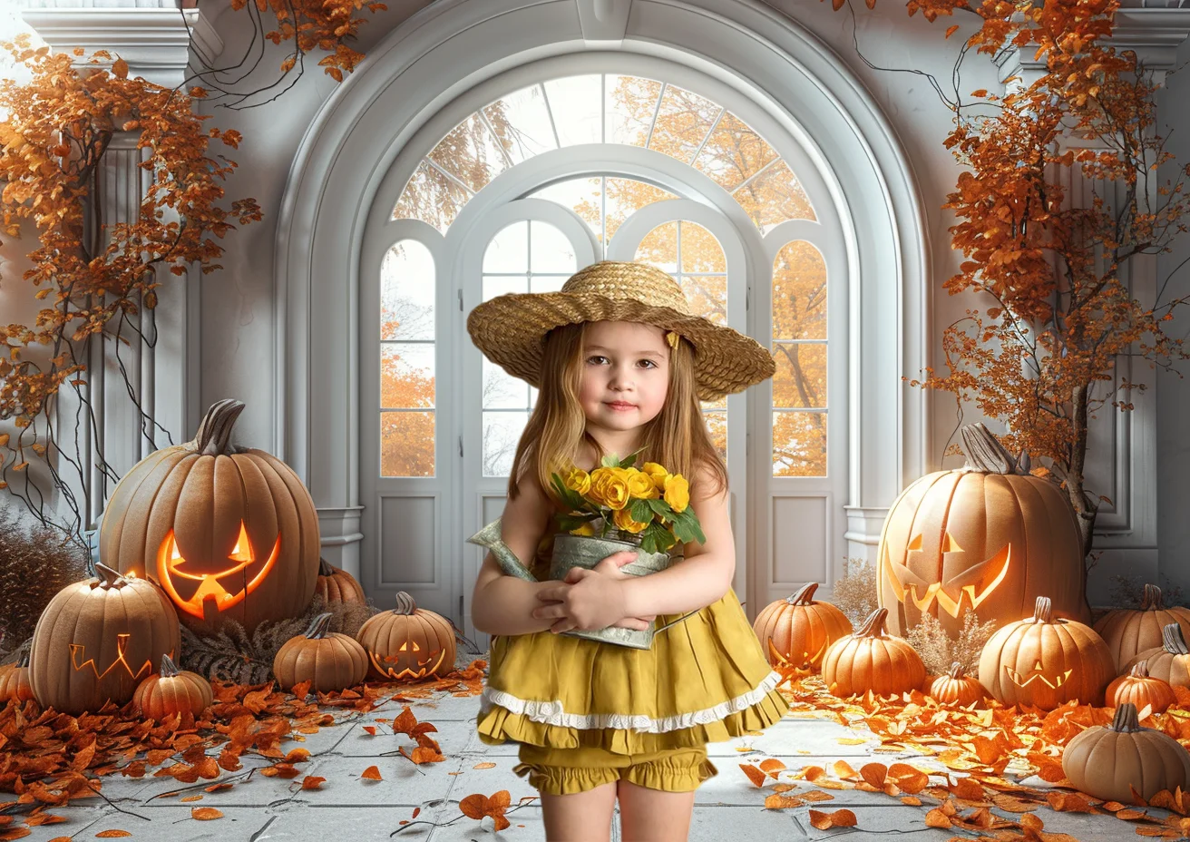 Fall Photography Backdrop White Door Arched Windows Pumpkins Leaves Orange Tones Decoration Background Photo Studio Photo-call