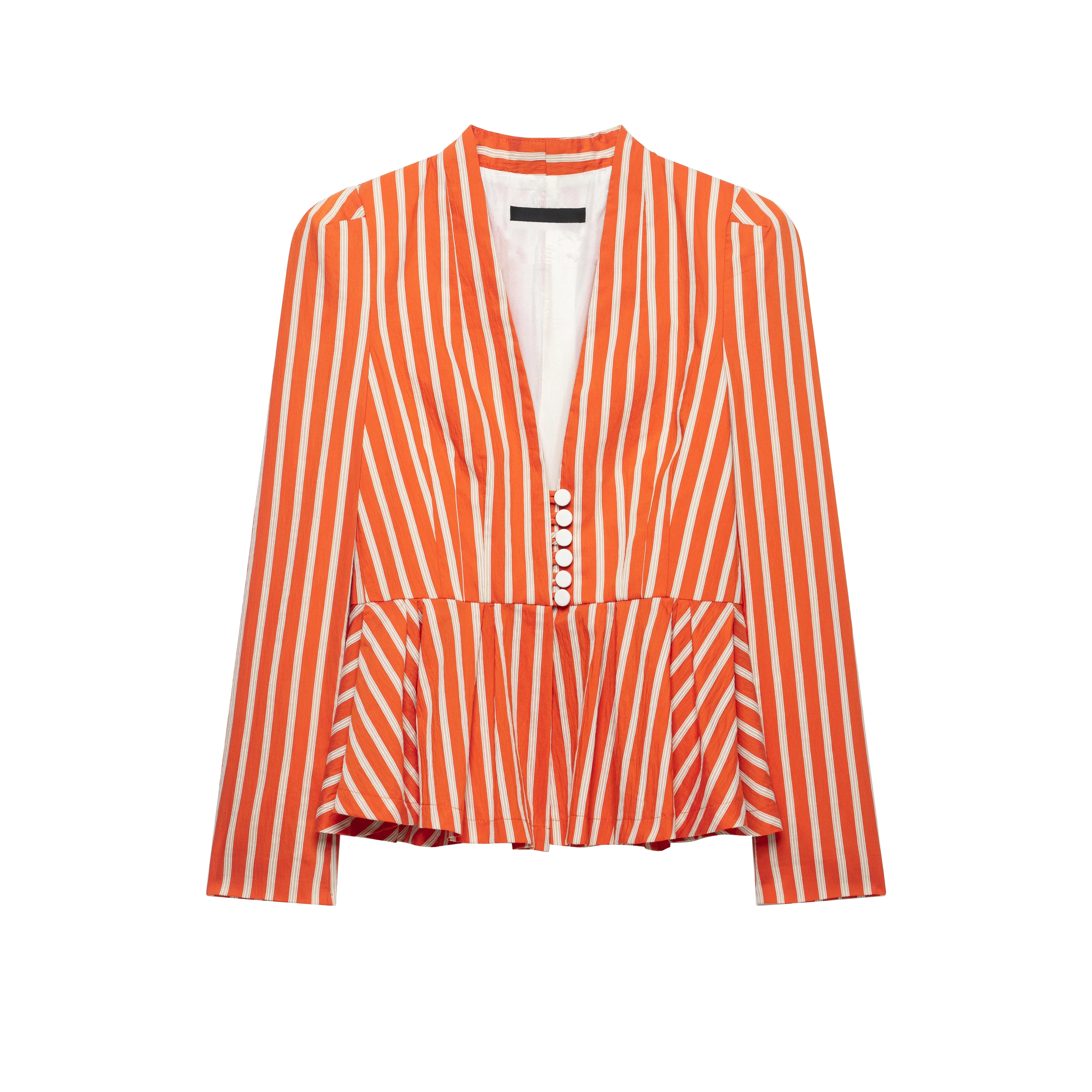 Slim Fit Long Sleeve V-Neck Striped A-Line Hem Suit Jacket Women's Casual Style Polyester Fiber Button Closure Autumn New Arr...