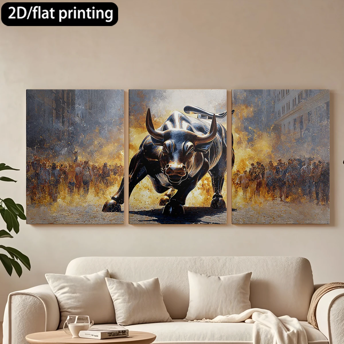 Impresión plana 2D, cuadro decorativo en lienzo con marco de madera de 3 piezas, estatua de toro, multitud, llamas. Decoración para pasillo y dormitorio.