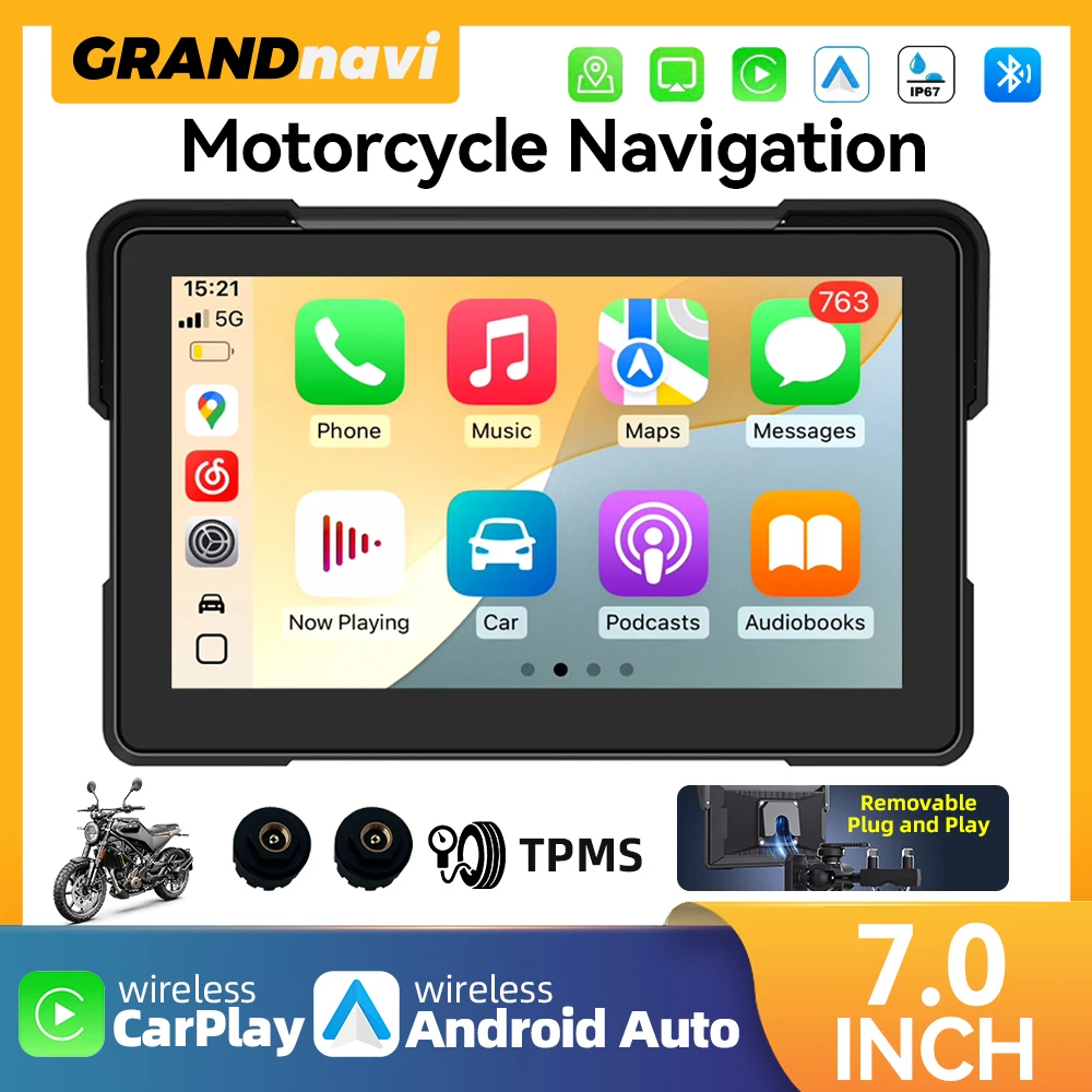 Grandnavi 7 Inch Carplay Motorcycle Portable IP67 Detachable Bracket Wireless CarPlay Android Auto Screen Motorcycle Navigation