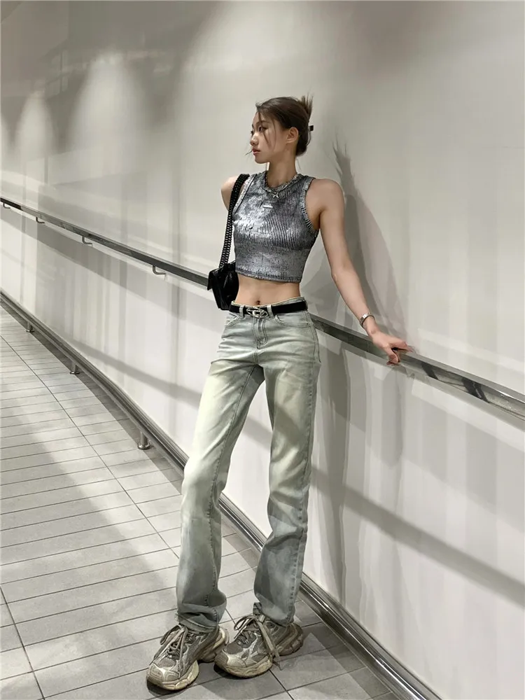 

High Waist Extended Length Mud Dye Straight Leg Jeans Women's Spring Autumn Slimming American High Street Floor-Length Pants