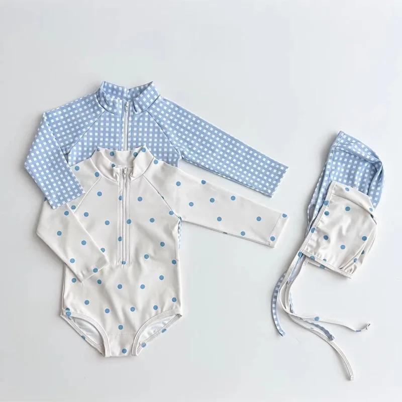 HoneyCherry Boys Girls Cute Printed Square Dot Bodysuit Pullover Long Sleeve Sunscreen Bodysuit with Swim Cap