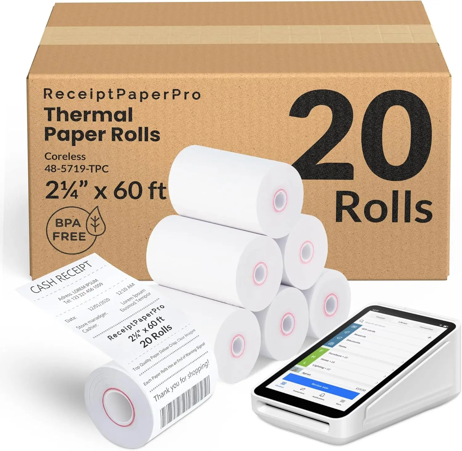 

2 1/4" x 60 ft Coreless Thermal Paper Rolls for Square Terminal, Pack of 20